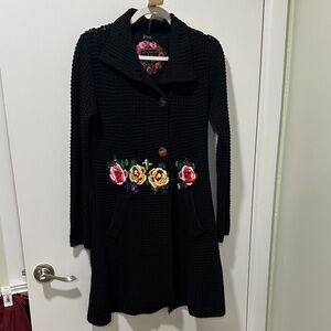 Desigual Black Knit sweater/coat with Floral Accents